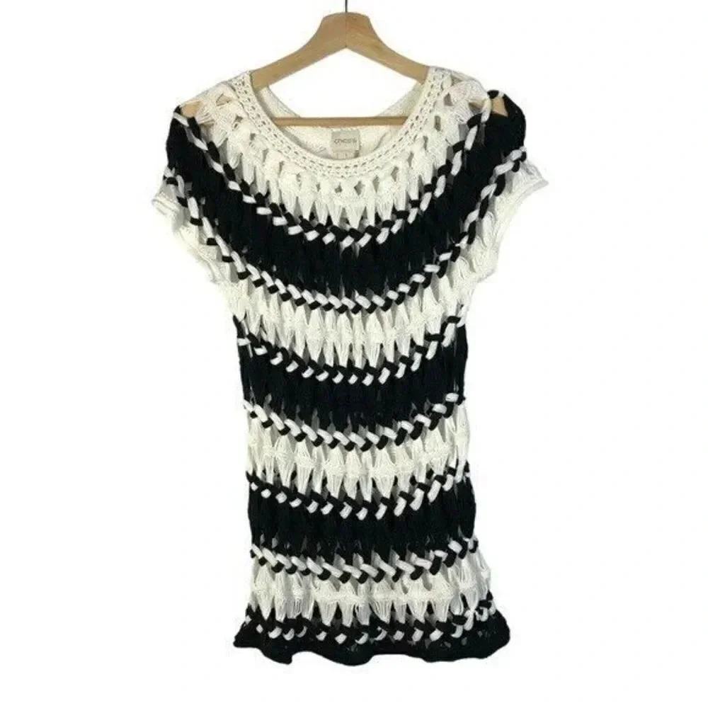 Chico's Black & White Stripe Crochet Knit Pullover Short Sleeve Top 1/M